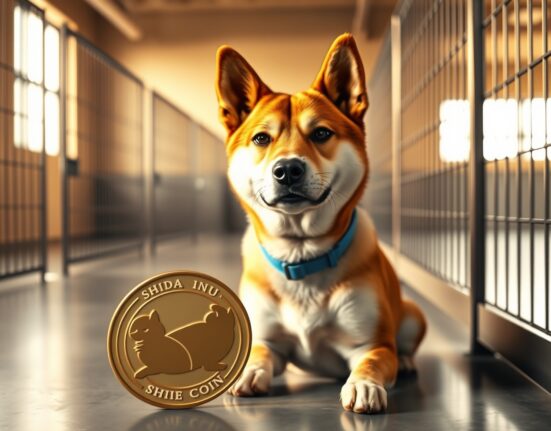 A shelter dog represents the Dogecoin Foundation's charitable donation supporting animal welfare across the United States.