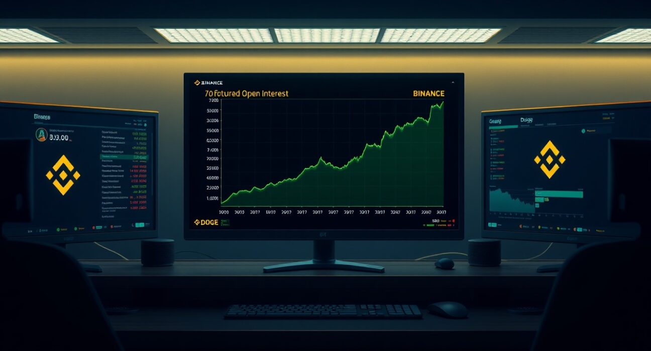 Dogecoin futures open interest chart on a trading monitor showing a sharp upward trend