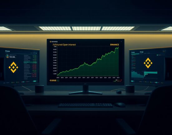 Dogecoin futures open interest chart on a trading monitor showing a sharp upward trend