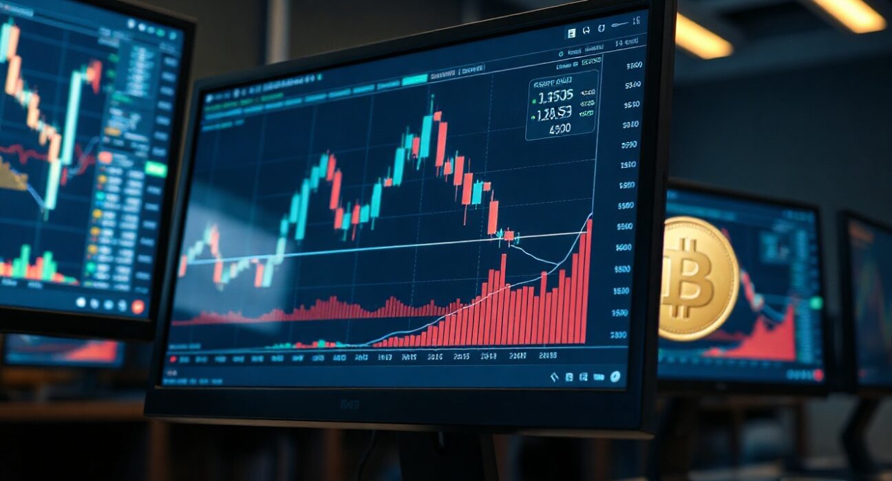 Cryptocurrency trading charts on a monitor with Dogecoin price data visible