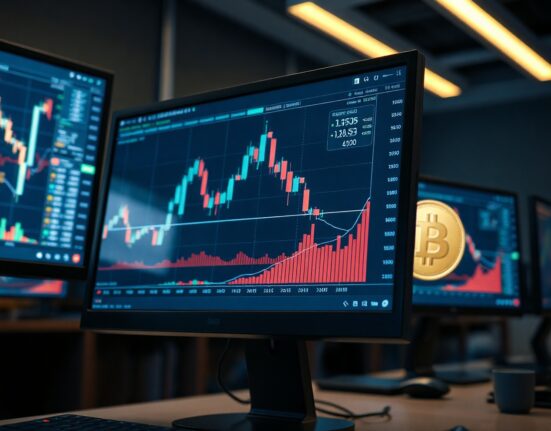Cryptocurrency trading charts on a monitor with Dogecoin price data visible