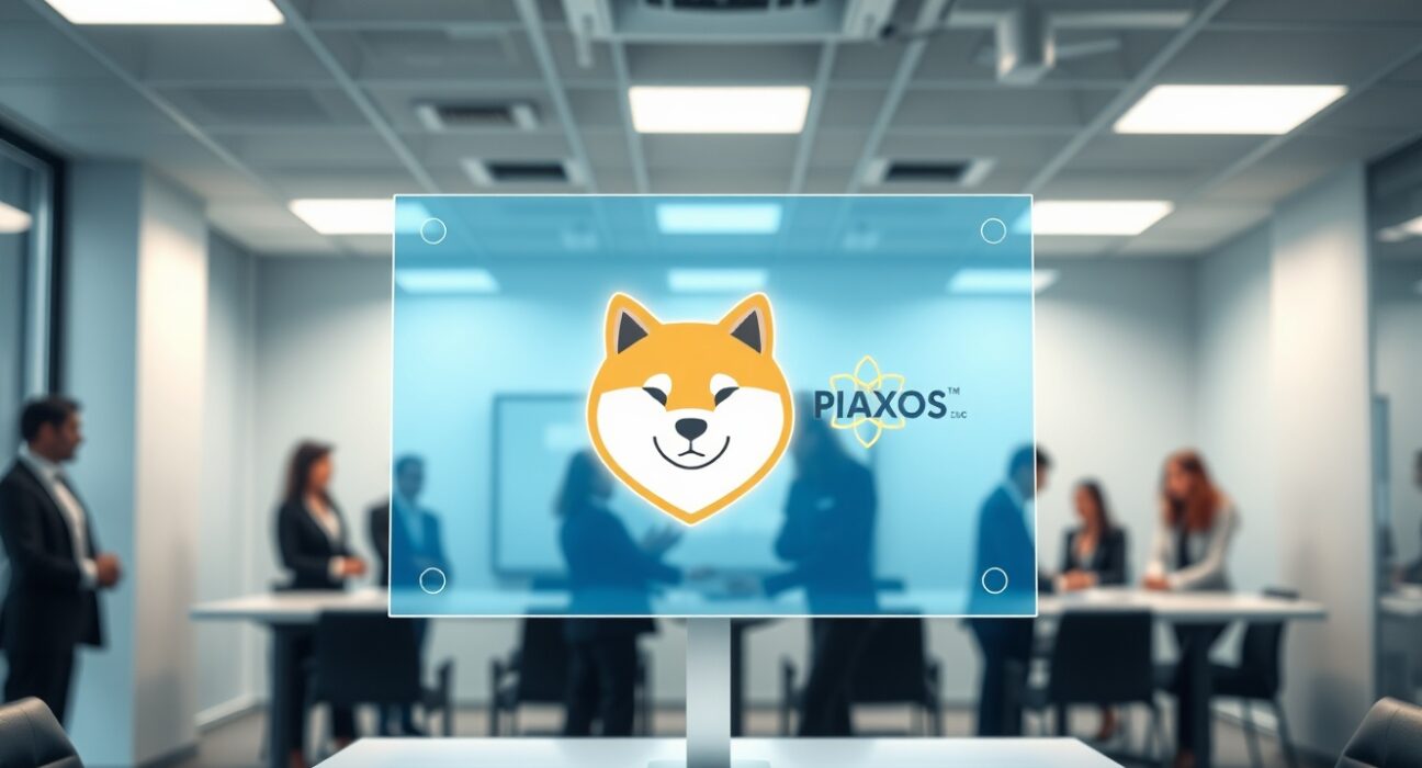 Dogecoin and Paxos logos displayed on a screen in a modern fintech office