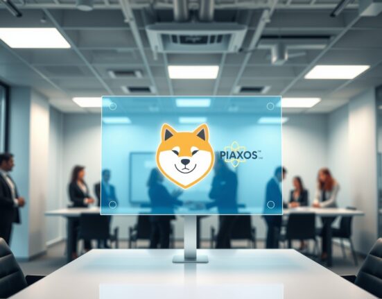 Dogecoin and Paxos logos displayed on a screen in a modern fintech office