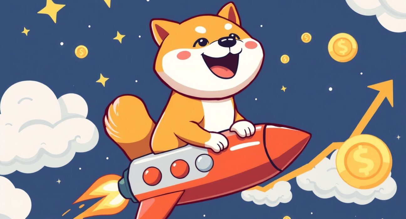 Cheerful cartoon Shiba Inu riding rocket symbolizing Dogecoin price surge potential