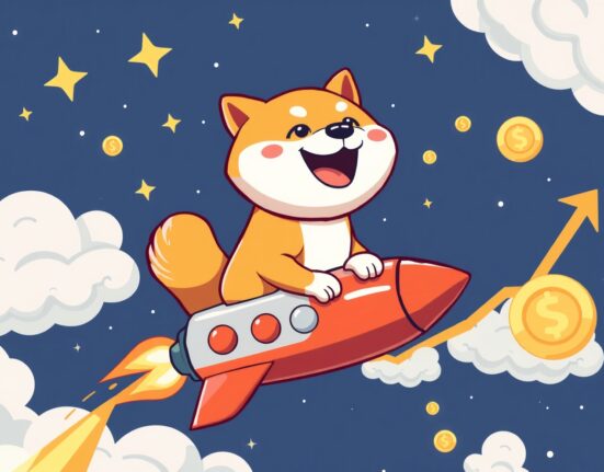 Cheerful cartoon Shiba Inu riding rocket symbolizing Dogecoin price surge potential