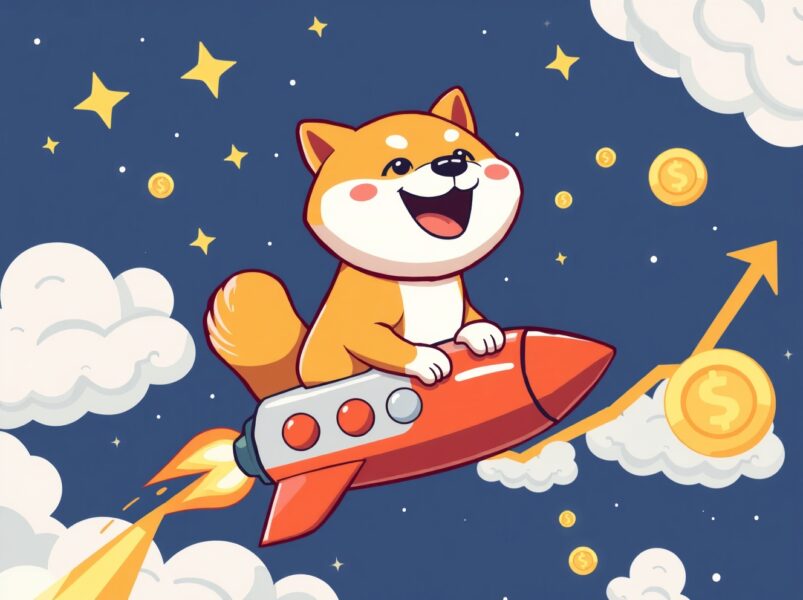 Cheerful cartoon Shiba Inu riding rocket symbolizing Dogecoin price surge potential