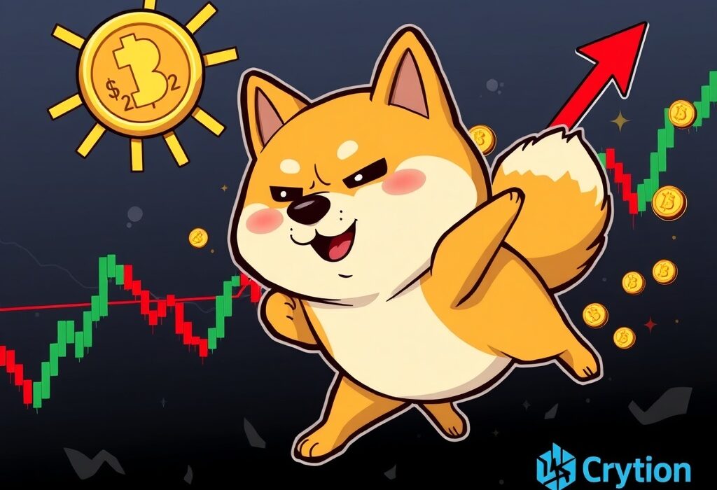Cartoon Shiba Inu breaking a $0.22 resistance, symbolizing a potential Dogecoin price prediction rally towards $0.30.