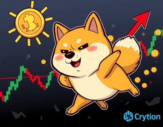 Cartoon Shiba Inu breaking a $0.22 resistance, symbolizing a potential Dogecoin price prediction rally towards $0.30.