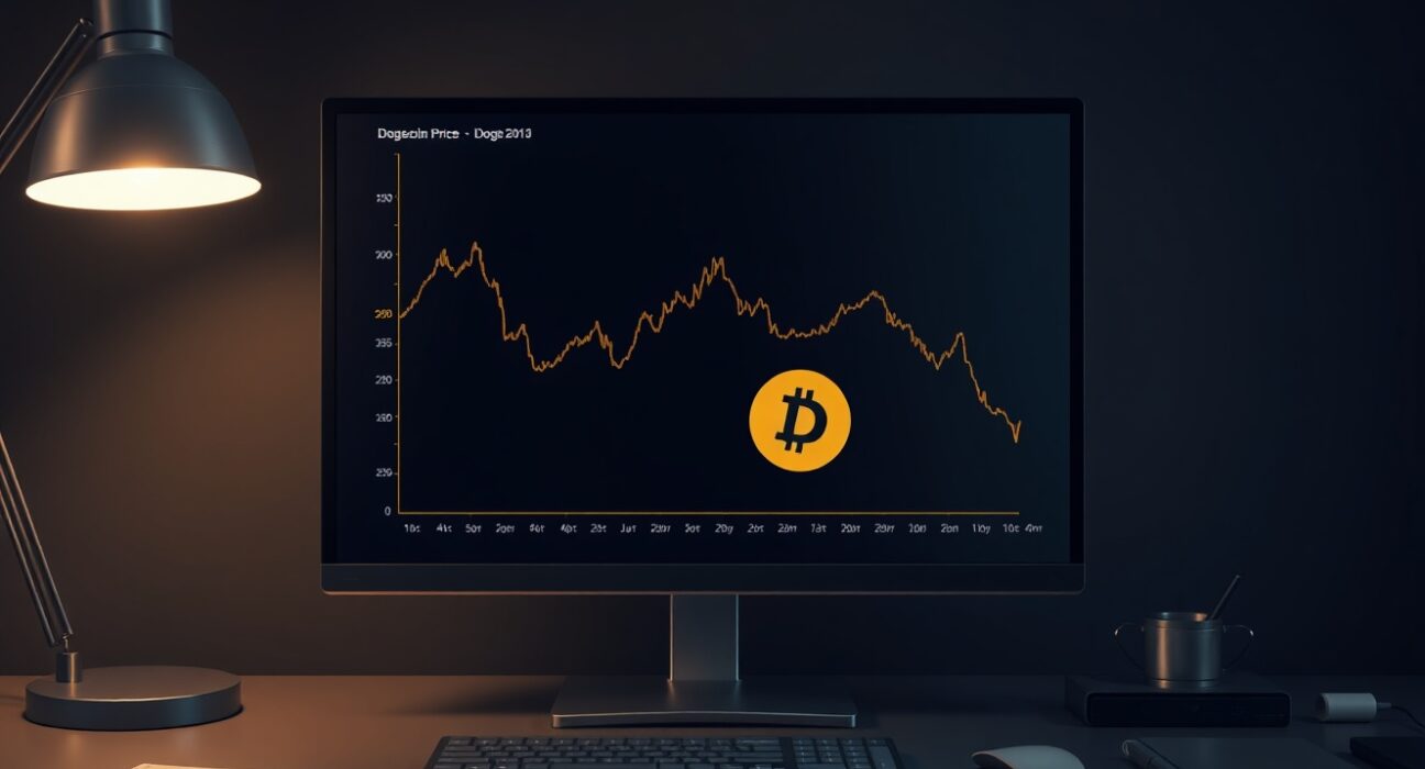 Dogecoin price chart showing bearish trend with downward arrows and support levels.