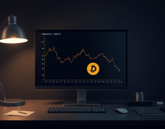 Dogecoin price chart showing bearish trend with downward arrows and support levels.