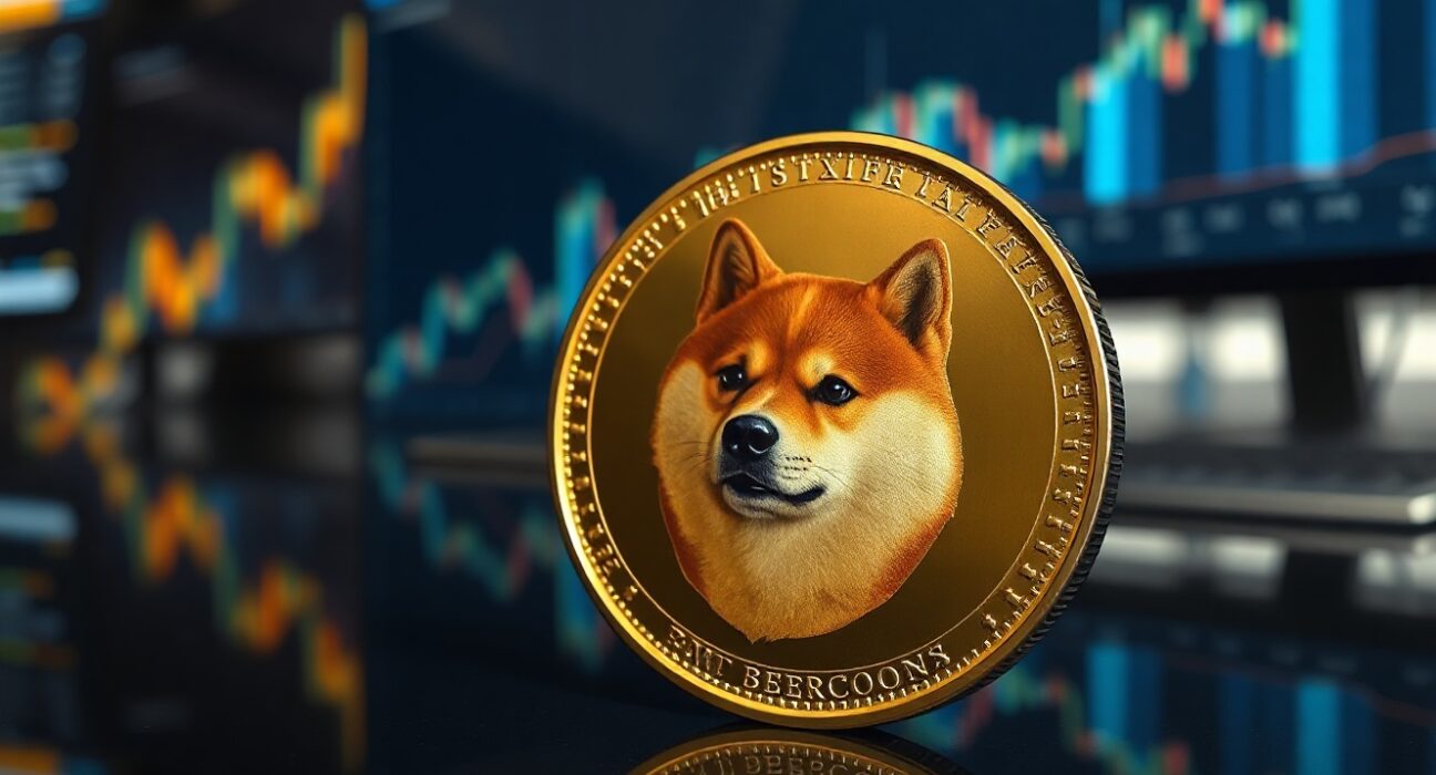 Dogecoin coin with bullish divergence chart overlay indicating potential price recovery
