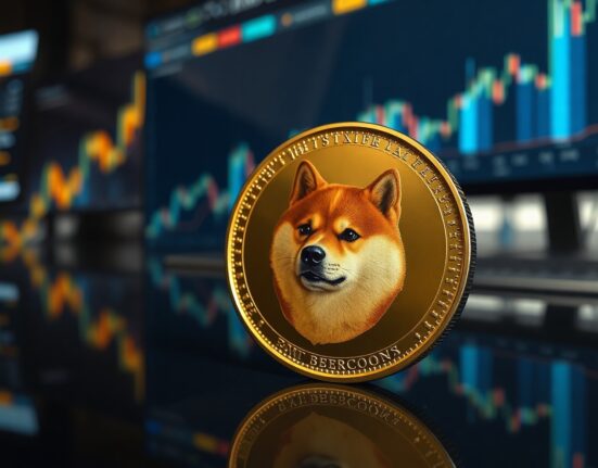 Dogecoin coin with bullish divergence chart overlay indicating potential price recovery
