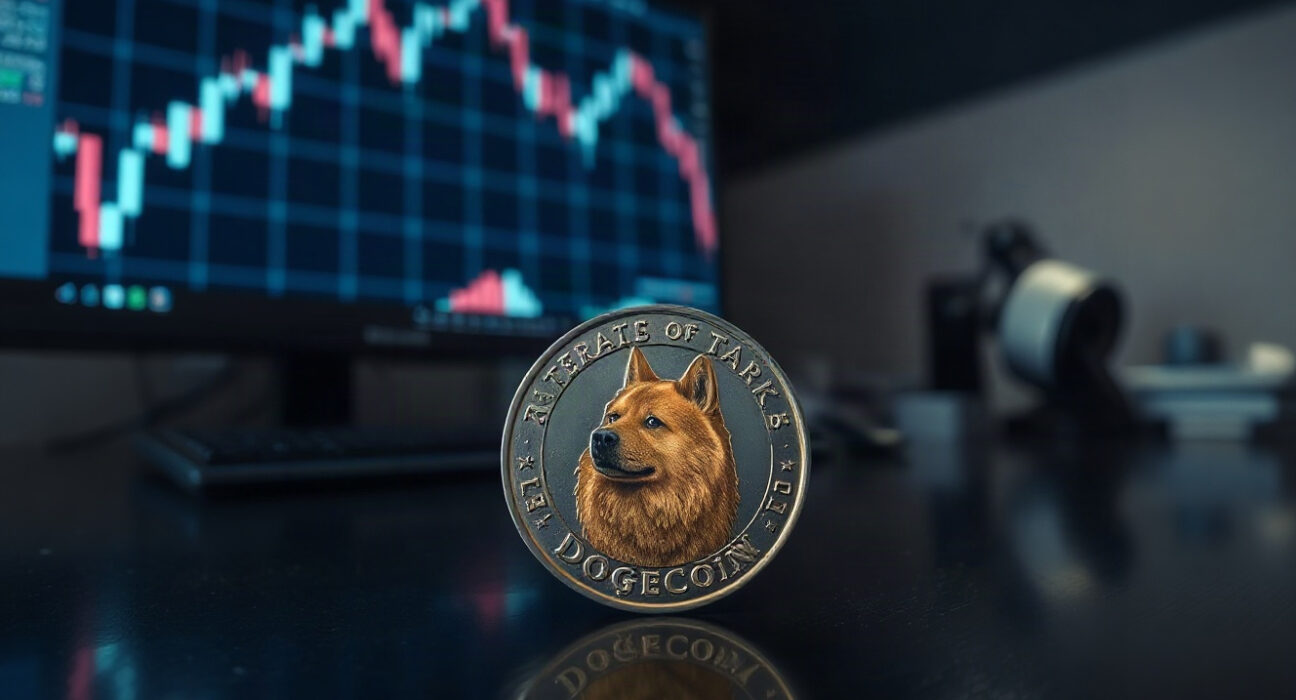 Dogecoin coin on trading desk with price chart in background, representing cryptocurrency market analysis