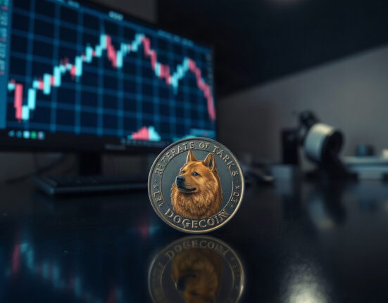 Dogecoin coin on trading desk with price chart in background, representing cryptocurrency market analysis