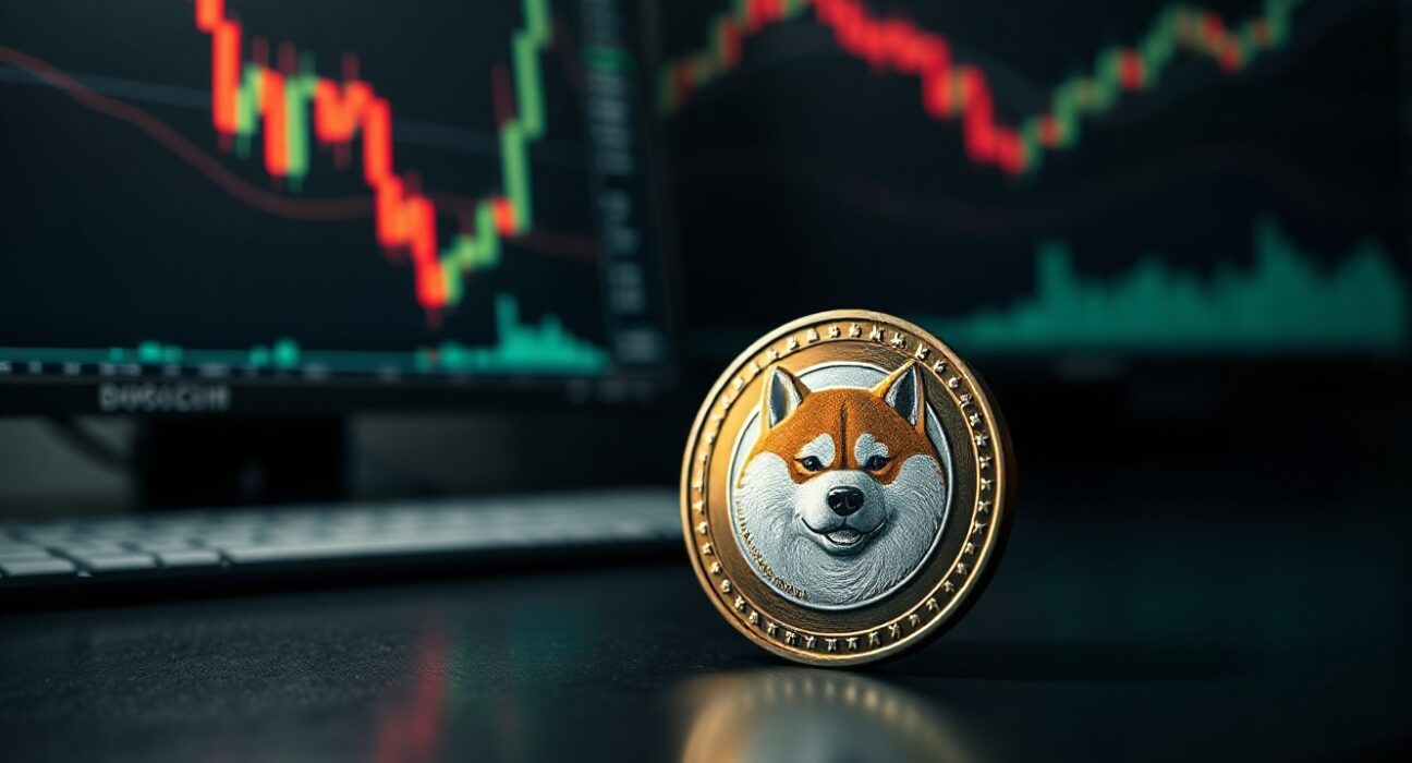 Dogecoin coin on trading desk with blurred market charts in background