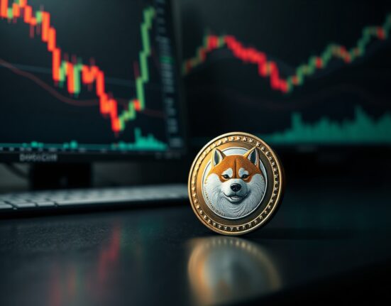 Dogecoin coin on trading desk with blurred market charts in background