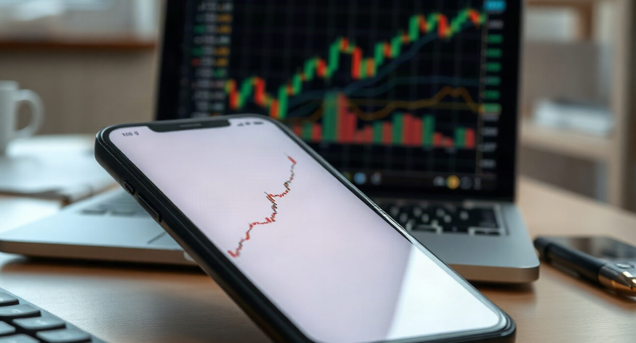 Dogecoin price chart on a smartphone screen with a laptop showing financial graphs in the background