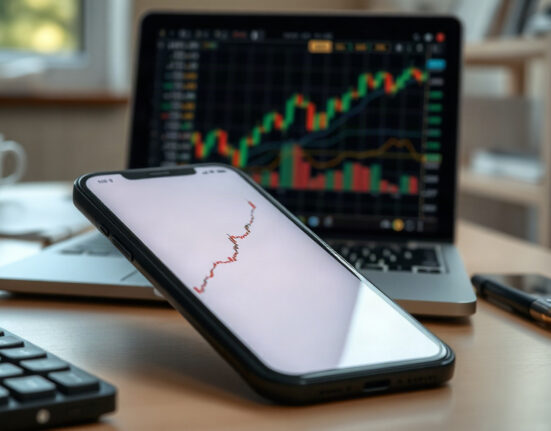 Dogecoin price chart on a smartphone screen with a laptop showing financial graphs in the background