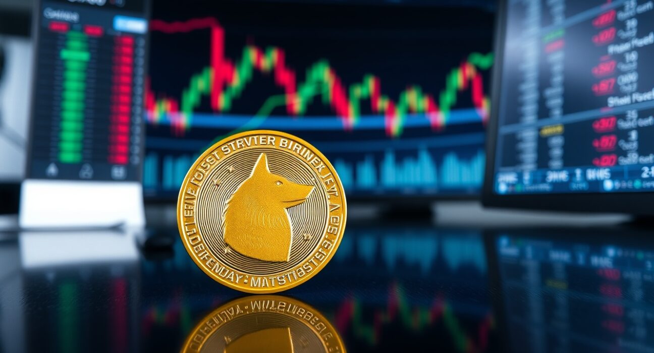 Dogecoin coin on reflective surface with downward shadow indicating bearish market outlook