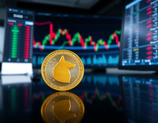 Dogecoin coin on reflective surface with downward shadow indicating bearish market outlook