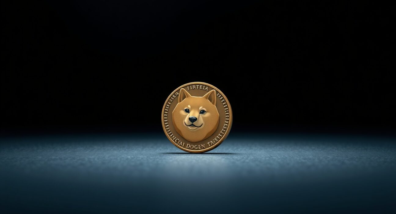 Dogecoin coin on dark surface with somber lighting, representing bearish market sentiment