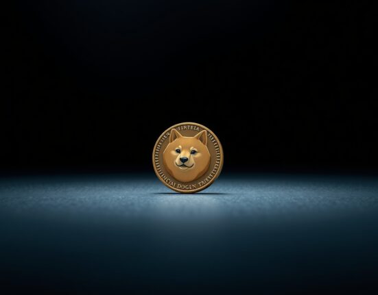 Dogecoin coin on dark surface with somber lighting, representing bearish market sentiment