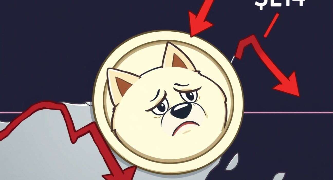 A cartoon Dogecoin character slides down a bearish chart, illustrating the urgent Dogecoin price prediction and potential drop to $0.14.