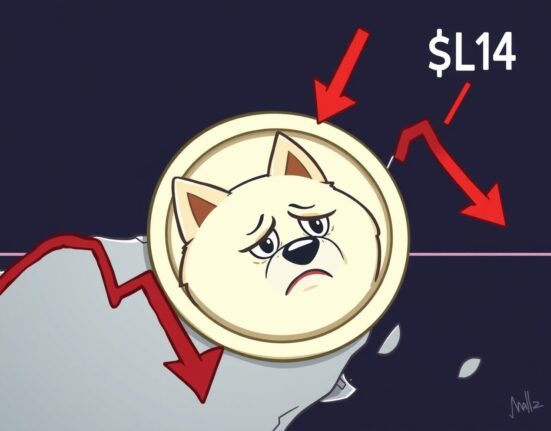 A cartoon Dogecoin character slides down a bearish chart, illustrating the urgent Dogecoin price prediction and potential drop to $0.14.
