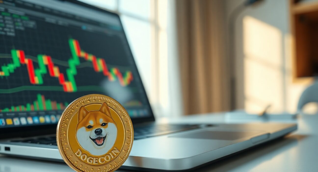 Dogecoin coin on a desk next to a laptop showing a crypto trading chart.