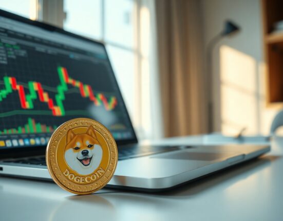 Dogecoin coin on a desk next to a laptop showing a crypto trading chart.