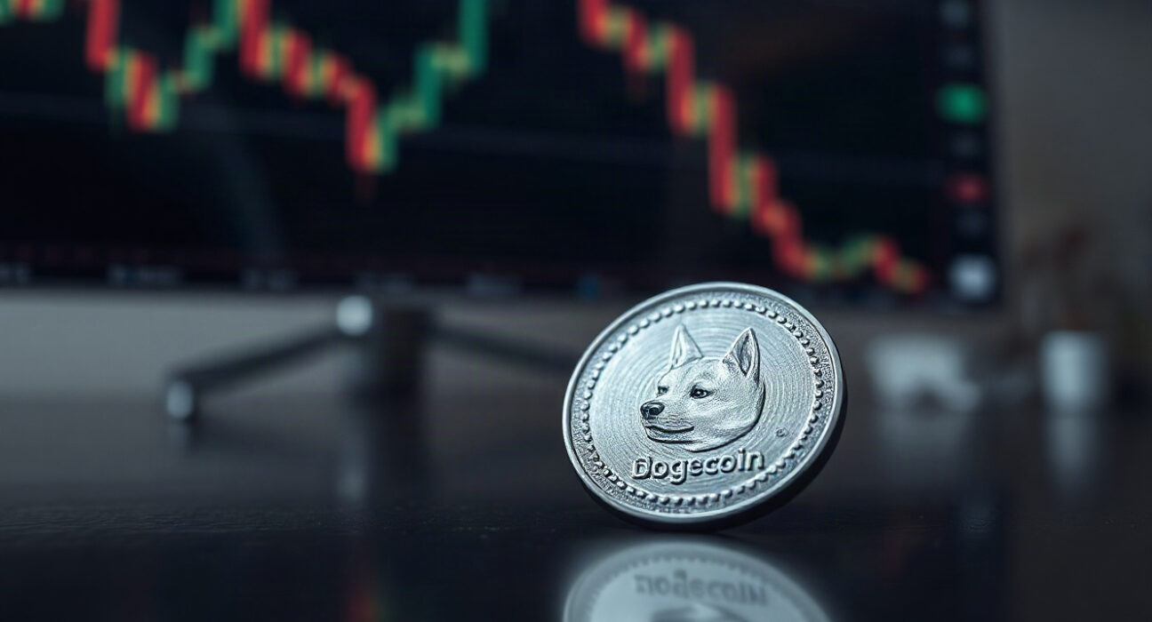 Dogecoin coin with blurred price chart in background illustrating market pullback
