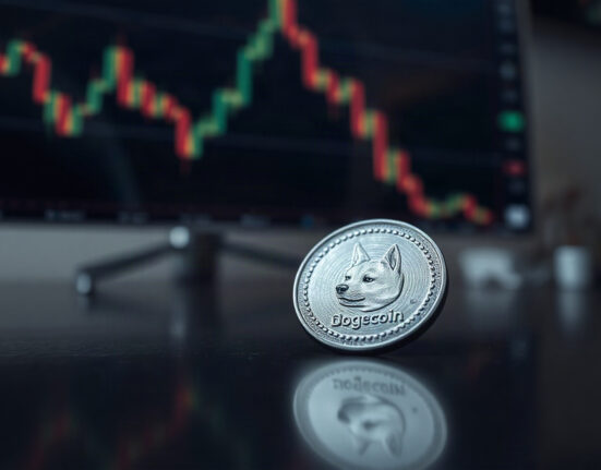 Dogecoin coin with blurred price chart in background illustrating market pullback
