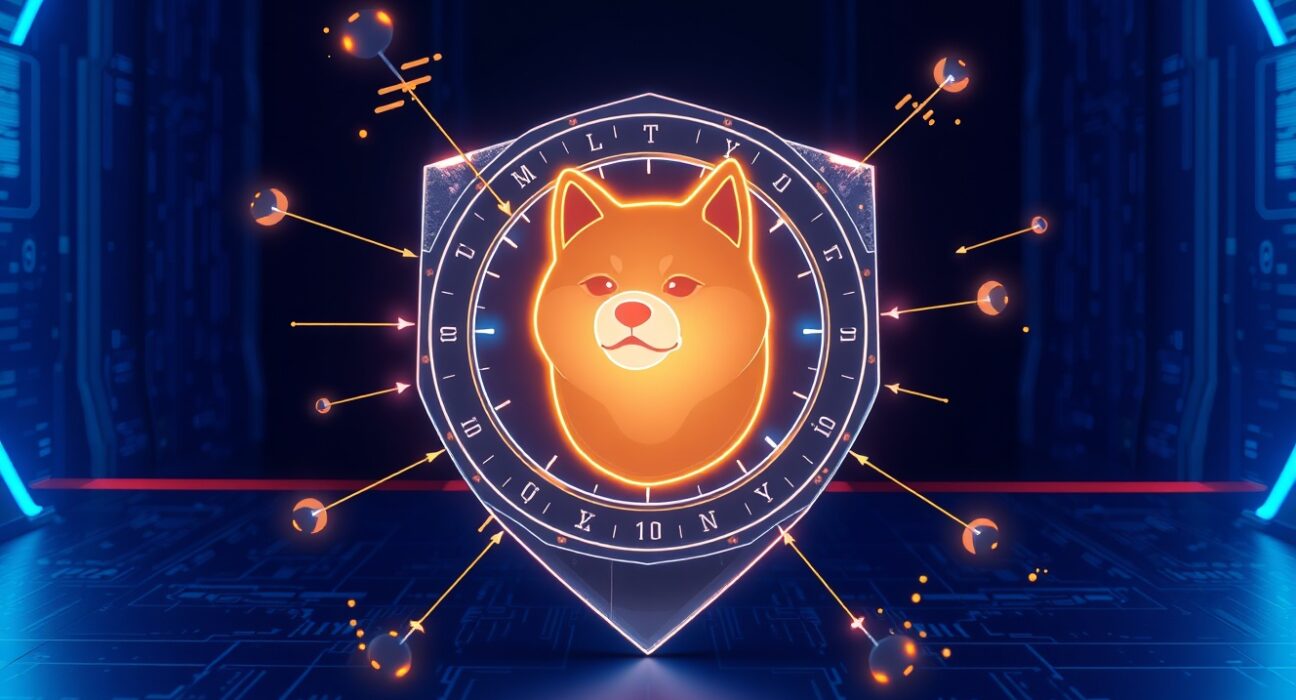 Dogecoin quantum-resistant security shield protecting against future computing threats.