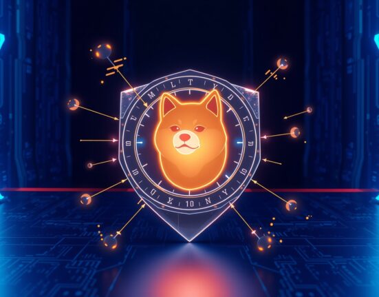 Dogecoin quantum-resistant security shield protecting against future computing threats.