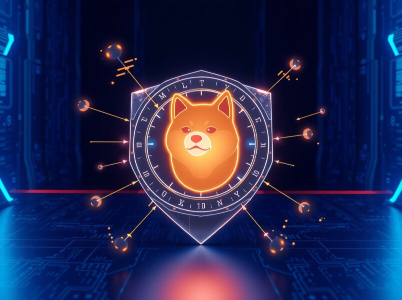 Dogecoin quantum-resistant security shield protecting against future computing threats.