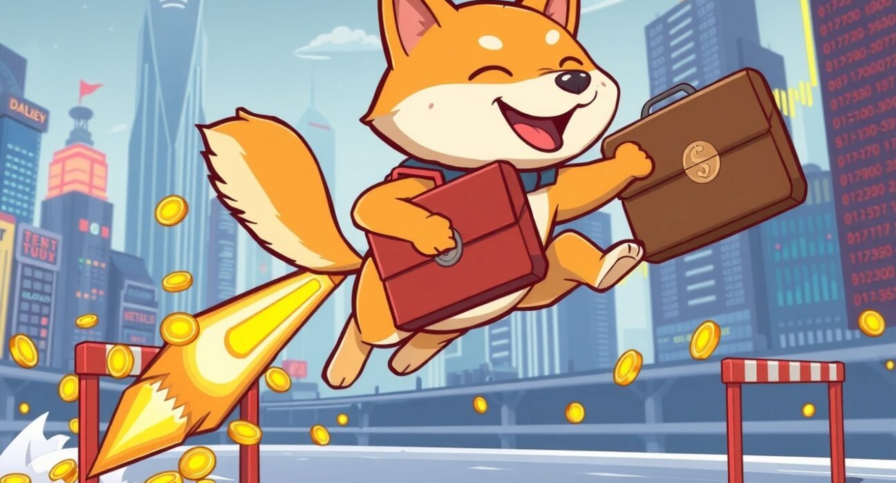 Cheerful Shiba Inu symbolizing the revolutionary Dogecoin spot ETF approval process jumping over regulatory hurdles