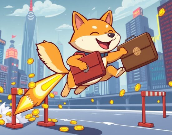Cheerful Shiba Inu symbolizing the revolutionary Dogecoin spot ETF approval process jumping over regulatory hurdles