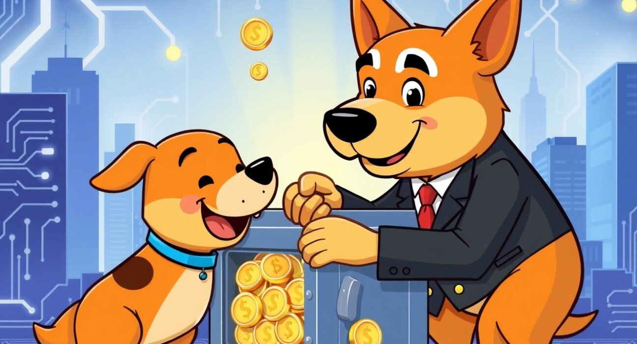 Cartoon depicting a secure partnership for the Dogecoin treasury, ensuring robust custody and exchange services for the Doge community.