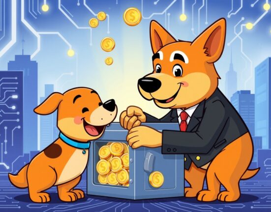 Cartoon depicting a secure partnership for the Dogecoin treasury, ensuring robust custody and exchange services for the Doge community.