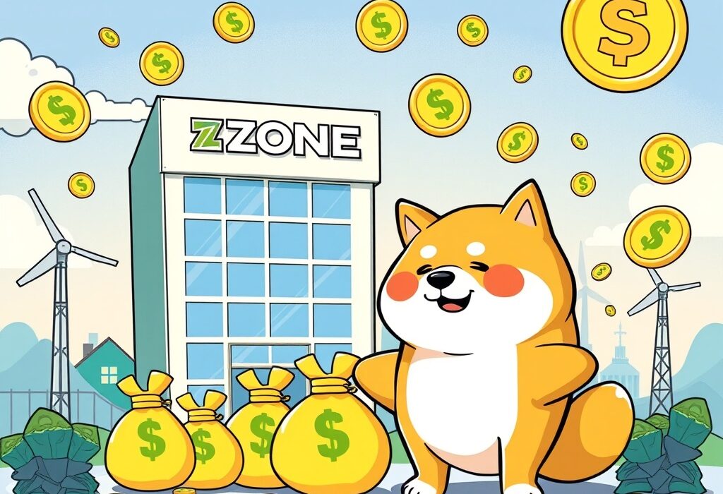 Cartoon showing CleanCore Solutions investing in a Dogecoin treasury, blending traditional business with crypto innovation.