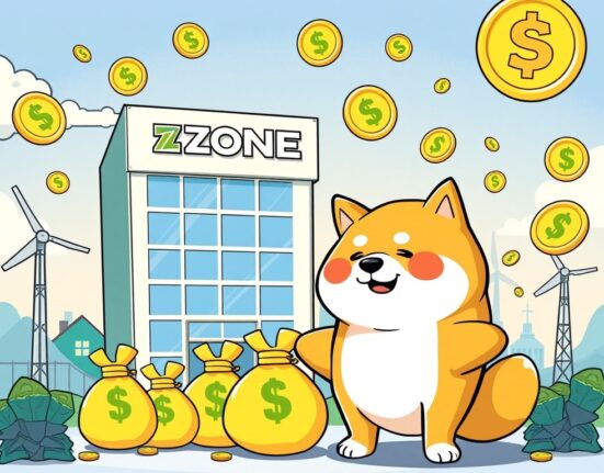 Cartoon showing CleanCore Solutions investing in a Dogecoin treasury, blending traditional business with crypto innovation.