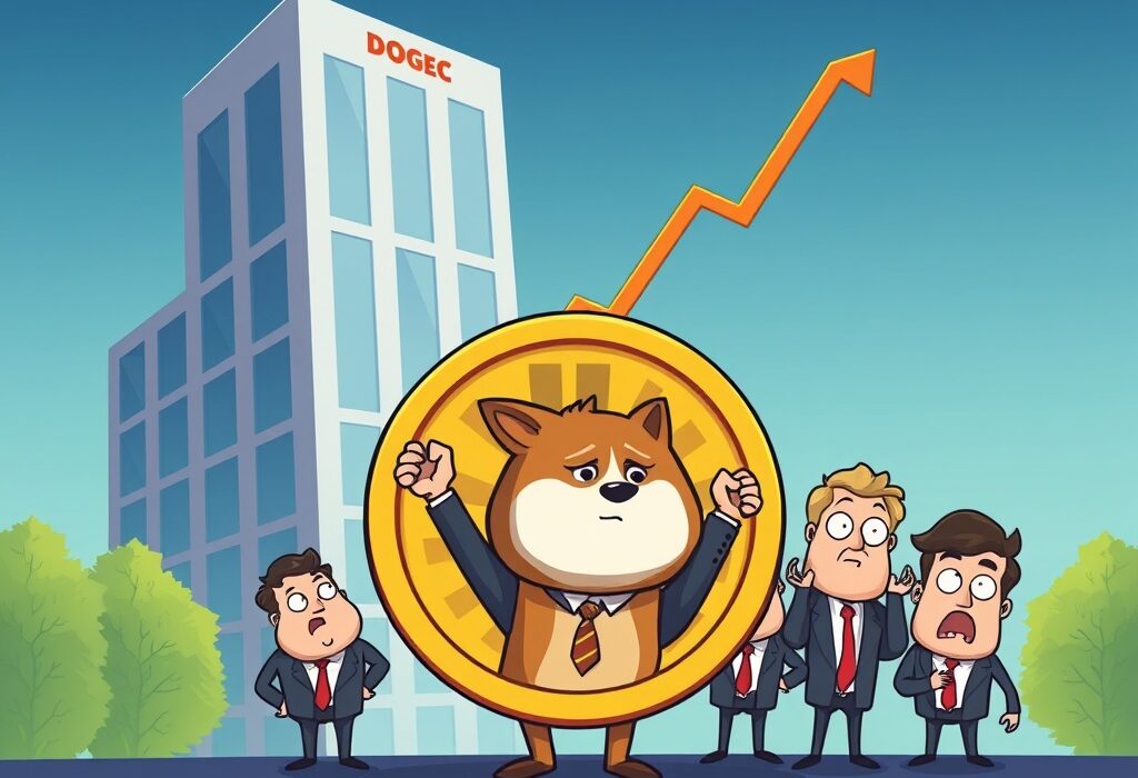 Cartoon showing a company stock plummeting as executives present a large Dogecoin treasury strategy, conveying market reaction.