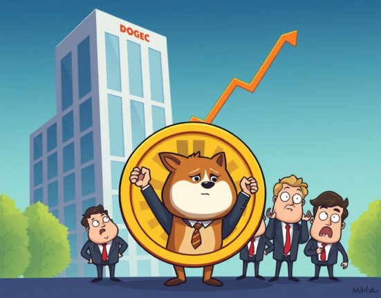 Cartoon showing a company stock plummeting as executives present a large Dogecoin treasury strategy, conveying market reaction.