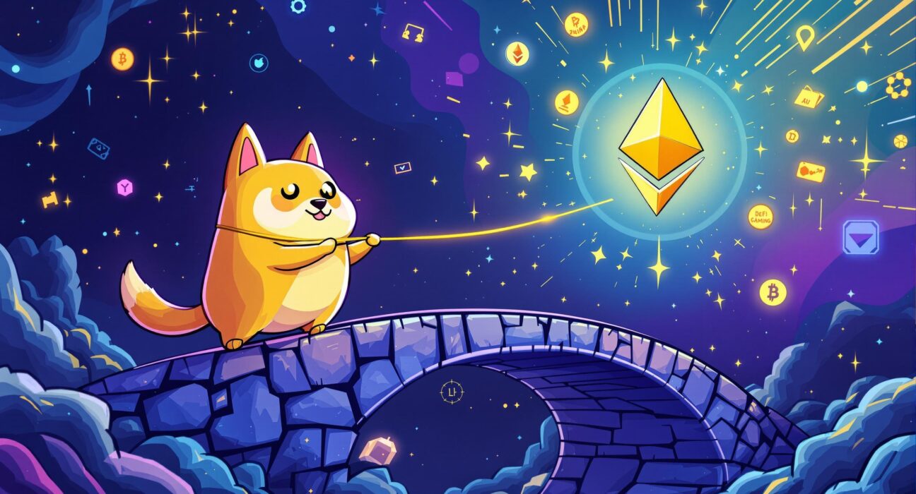 A cartoon Doge character building a bridge to Ethereum, symbolizing the Dogecoin upgrade and its new capabilities.