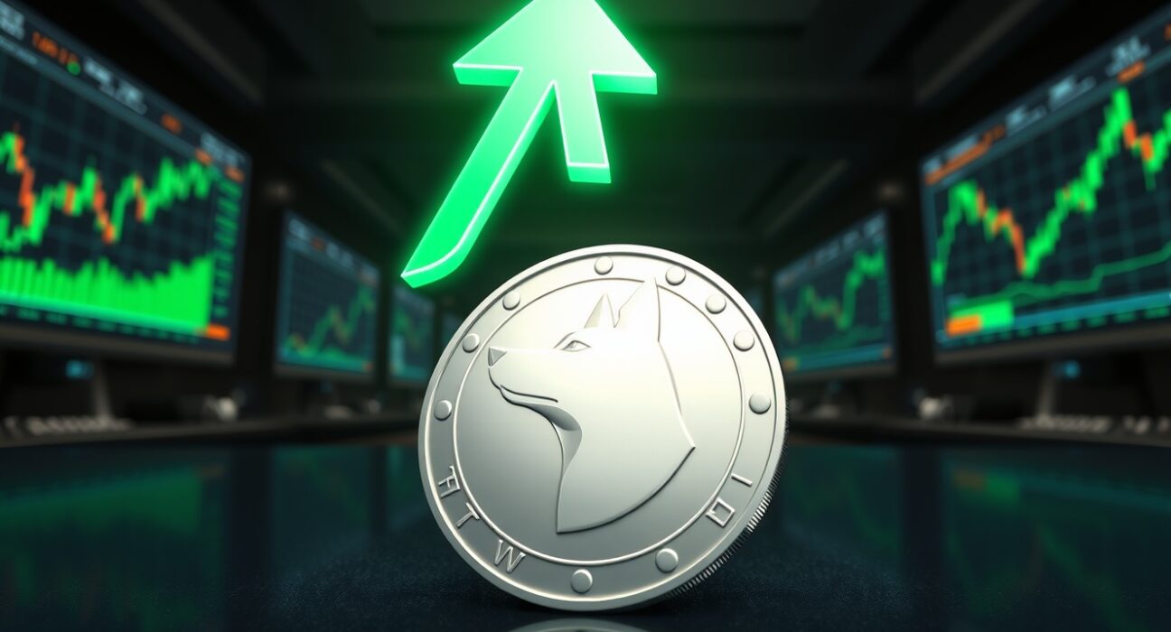 Dogecoin price analysis showing upward momentum with green arrow above coin on trading floor background