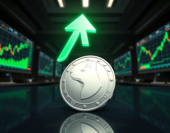 Dogecoin price analysis showing upward momentum with green arrow above coin on trading floor background