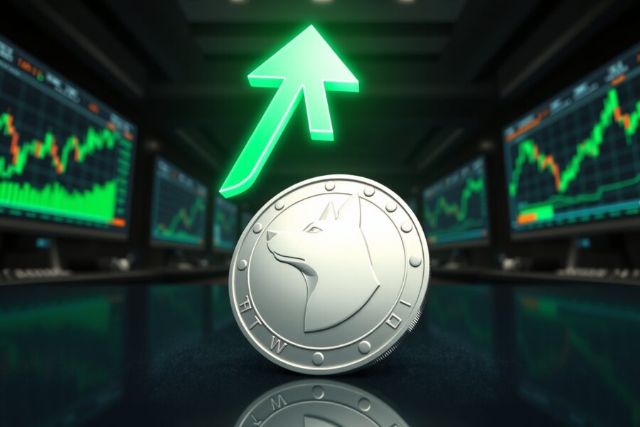 Dogecoin price analysis showing upward momentum with green arrow above coin on trading floor background