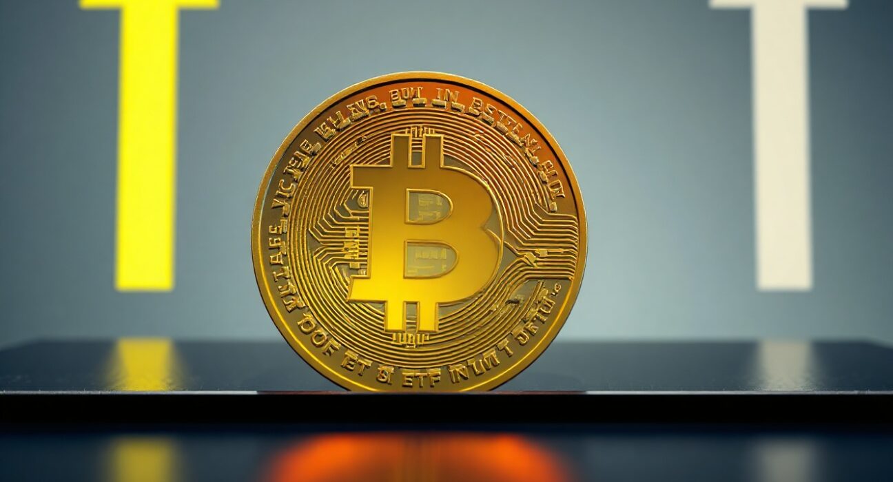 Digital Dogecoin coin on reflective surface with contrasting green and gray arrows in background