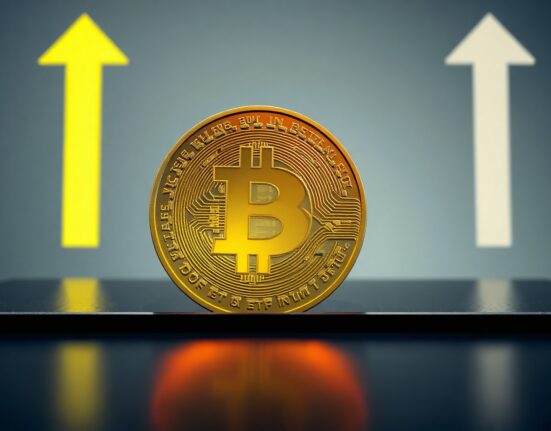 Digital Dogecoin coin on reflective surface with contrasting green and gray arrows in background
