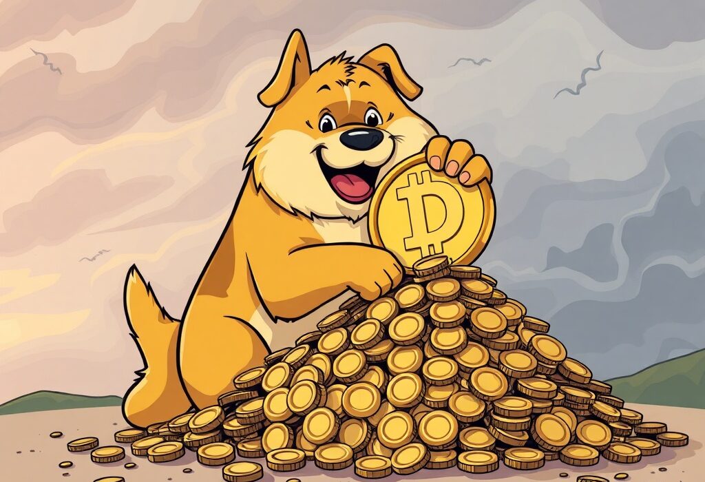 Cartoon illustration of Dogecoin whales accumulating DOGE amidst market volatility, signaling strong long-term confidence.